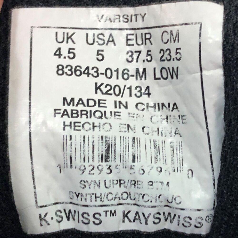 K-SWISS Shoes Youth Sz 5 Black Logo Print Sneakers Low 83643 Unisex Varsity - Picture 10 of 10